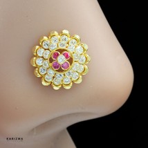 18K Echt Gold Indisch Damen Rosa Weiß Cz Trense Nasenstecker Nasen Ring ... - $139.17