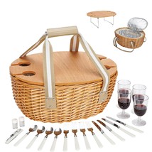 Wicker Picnic Basket For 4 With Large Insulated Cooler Bag And Folding Table, Cu - £72.75 GBP