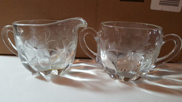 Vintage Heavy Clear Glass Sugar and Creamer set. Etched with flowers and leaves  - £19.69 GBP