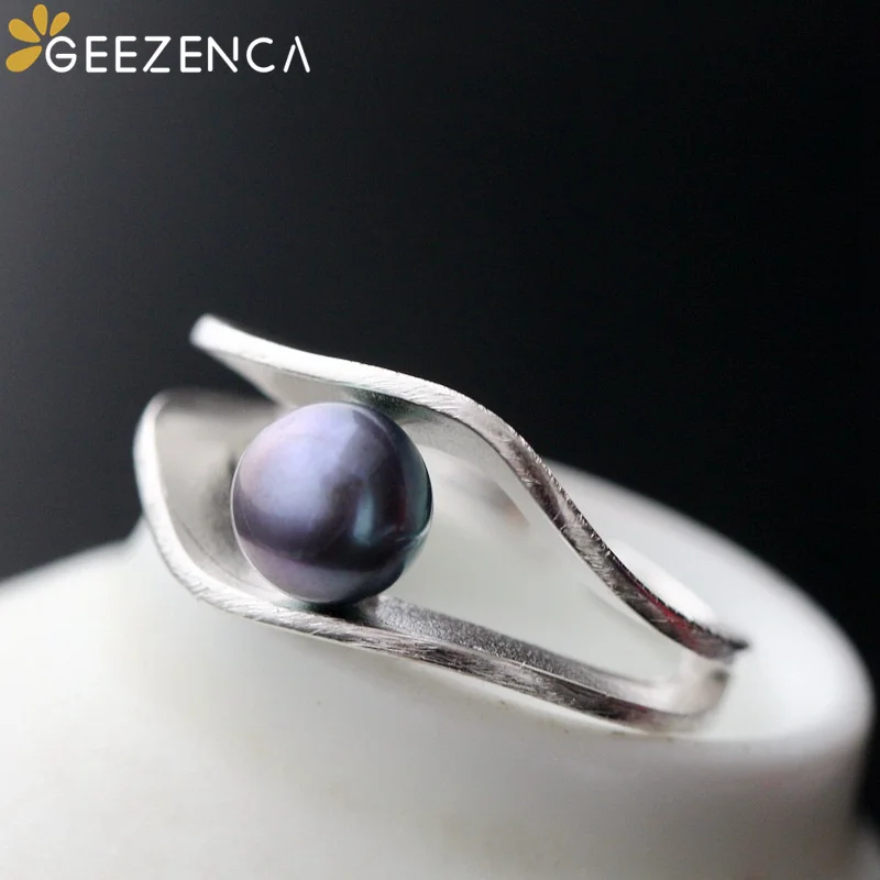 925 Sterling Silver Natural Black Pearl Resizable Ring For Women Minimalist Geom - £28.14 GBP