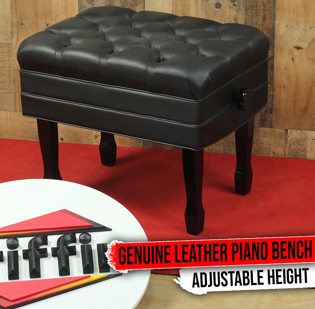 Genuine Leather Adjustable Piano Bench by GRIFFIN | Black Solid Wood Vintage Sty