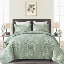 Sage Green Quilt Set Queen Size - Branch Botanical Pattern Bedspread Cov... - $987.73 MXN