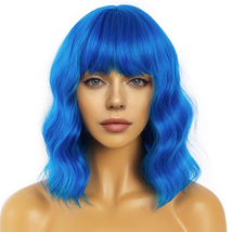 Short Bob Wavy Wig with Bangs for Women Loose Curly Shoulder Length Synt... - £28.44 GBP