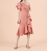Blush Pink One Shoulder Midi Dress Blush Wedding Bridesmaid Chiffon Dress A Line image 1