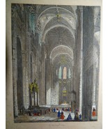 Antique 19C English Colored Engraving St. Eustache Cathedral 11 x 16.4 cm - $117.99