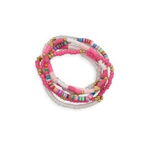 Women Pink Glass and Rubber Bead Gold Tone Heart Friendship Stretch Bracelet Set - £32.37 GBP