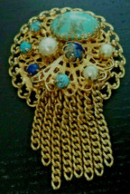 Vintage Gold tone Easter Egg cab cabochon chain fringe Brooch Pin 2.75&quot; ... - £23.80 GBP