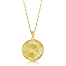 Sterling Silver &#39;PISCES&#39; CZ Zodiac Circle Pendant w/Chain - Gold Plated - £56.50 GBP