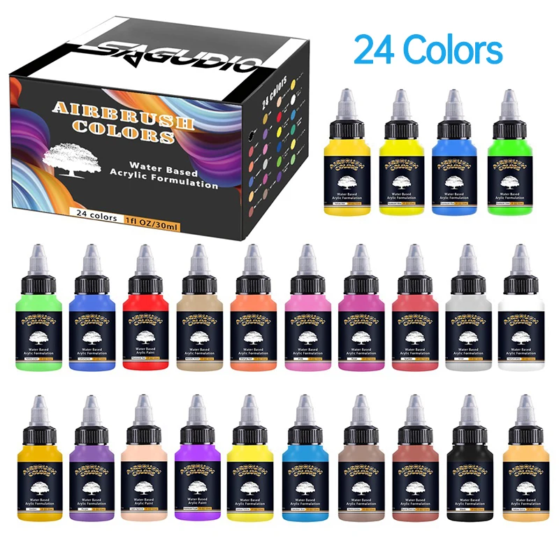 SAGUD Airbrush Paint Set 12/24 Colors 30ML Opaque &amp; Water Based Acrylic Paint fo - £146.36 GBP