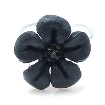 Gorgeous Midnight Black Flower Blossom Genuine Leather &amp; Crystal Adjustable Ring - £6.25 GBP
