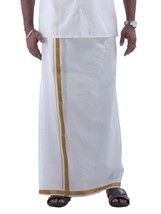 Indian Double Dhoti 100% Mercerized Cotton Dhoti Gold Zari Border 130X3.80 Meter - £29.07 GBP