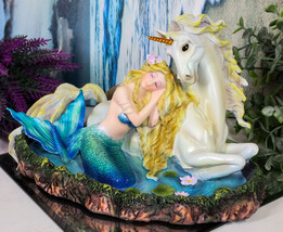 Blonde Mermaid Siren Princess Ariel With Rare White Unicorn In Lily Pond Statue - £70.76 GBP