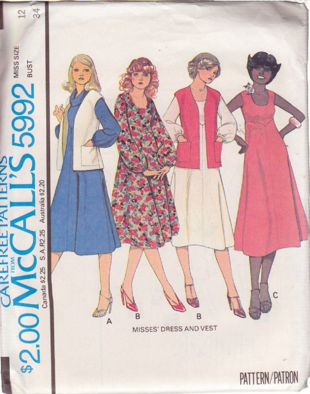 McCALL'S PATTERN 5992 SZ 12 MISSES' DRESS IN 3 VARIATIONS AND VEST UNCUT - $3.00