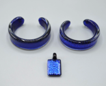 Cobalt Blue Glass Cuff Bracelets &amp; Pendant Signed RWG Jewelry Set Ocean Sea - $58.04