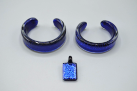 Cobalt Blue Glass Cuff Bracelets &amp; Pendant Signed RWG Jewelry Set Ocean Sea - £45.59 GBP