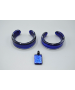 Cobalt Blue Glass Cuff Bracelets &amp; Pendant Signed RWG Jewelry Set Ocean Sea - £38.79 GBP