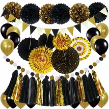 Black And Gold Decorations, Hanging Paper Fans Pom Poms Flowers Tassel Garlands  - £25.30 GBP