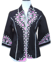 Bob Mackie Wearable Art Black Jacket Pink White Embroidered XS floral - £15.81 GBP