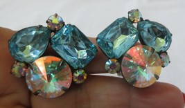 Vintage Prong set Foiled Rhinestone clip earrings Aurora Borealis Foil - £27.40 GBP