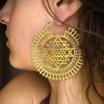 Sacred Geometry Sri Yantra Gold ATS Tribal BellyDance Silver XL Hoop Ear... - £39.50 GBP
