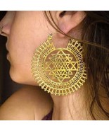 Sacred Geometry Sri Yantra Gold ATS Tribal BellyDance Silver XL Hoop Ear... - $68.37 CAD