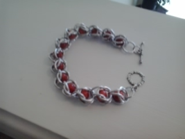chain maille bracelet with silver toggle clasp and coral stone beads (item 101) - £3.93 GBP