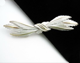 Big Bow Brooch Vintage Pin In White Silvery Enamel On Goldtone 4&quot; Long Elegant! - £13.54 GBP