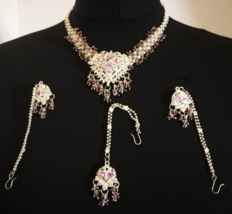 Indian Necklace Earring Set Purple Rhinestone Jewellery Bollywood Women Girls - £20.22 GBP