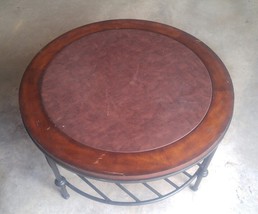 045 Metal &amp; Wood Leather Top Round Coffee Table - £63.58 GBP