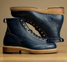 New Handmade Men&#39;s Navy Blue Lace up Leather Ankle High Formal Leather Boots - £110.99 GBP