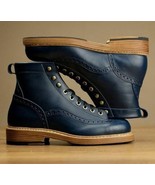 New Handmade Men&#39;s Navy Blue Lace up Leather Ankle High Formal Leather B... - $3,317.03 MXN+