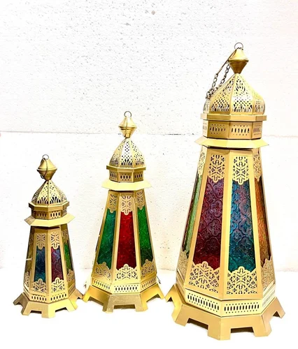 Moroccan Metal Lantern in Radiant Golden Hue - A14-Inch  floor  Lantern  - £32.05 GBP