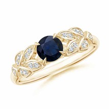 ANGARA Nature Inspired Round Blue Sapphire Leaf Shank Ring for Women in 14K Gold - £574.70 GBP