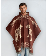 Alpaca Poncho Hood Woolred/brown Bears | reversible | Soft Wool | Cherokee - $69.90