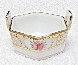 Vintage Nippon Pink Rose Hand Painted Floral w Gold Moriage Open Salt Di... - $18.32