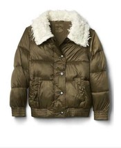 New GAP Kids Girls Olive Green Sherpa Neck Long Sleeve Puffer Bomber Jacket 6 7 - $59.39