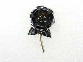 Vintage Costume Jewelry, Silver Tone Stemmed Flower Brooch, Black Enamel PIN84 - £7.63 GBP