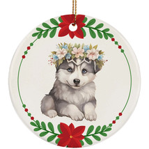 Cute Siberian Husky Puppy Dog Head Flower Wreath Christmas Ornament Gift Decor - £11.83 GBP