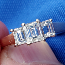 Earth mined Diamond Deco Engagement Ring 3 Stone Emerald cut Solitare 14k Gold - $3,776.25