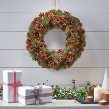 Rustic Pine Cone Christmas Wreath Natural Winter Door Decor with Berries - £43.66 GBP