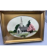 Vtg Handmade Embroidered Church Steeple Scene In Gold Frame Trees - $19.06