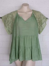 New UMGEE S M L Pistachio Green Floral Burnout Sheer Lace Sleeves Tiered Top - £17.92 GBP