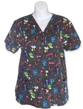 UA Scrubs Unisex Scrub Top Size Medium black With butterflies Snails lad... - £11.55 GBP