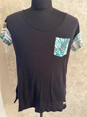 Victoria Secret PINK sz L Graphic T-Shirt Tee black exotic palm dog V ne... - $19.80
