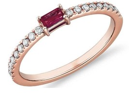 14K Rose Gold Ring Baguette Shape Natural Ruby gem Diamond Ring, Wedding Band  - £1,199.02 GBP