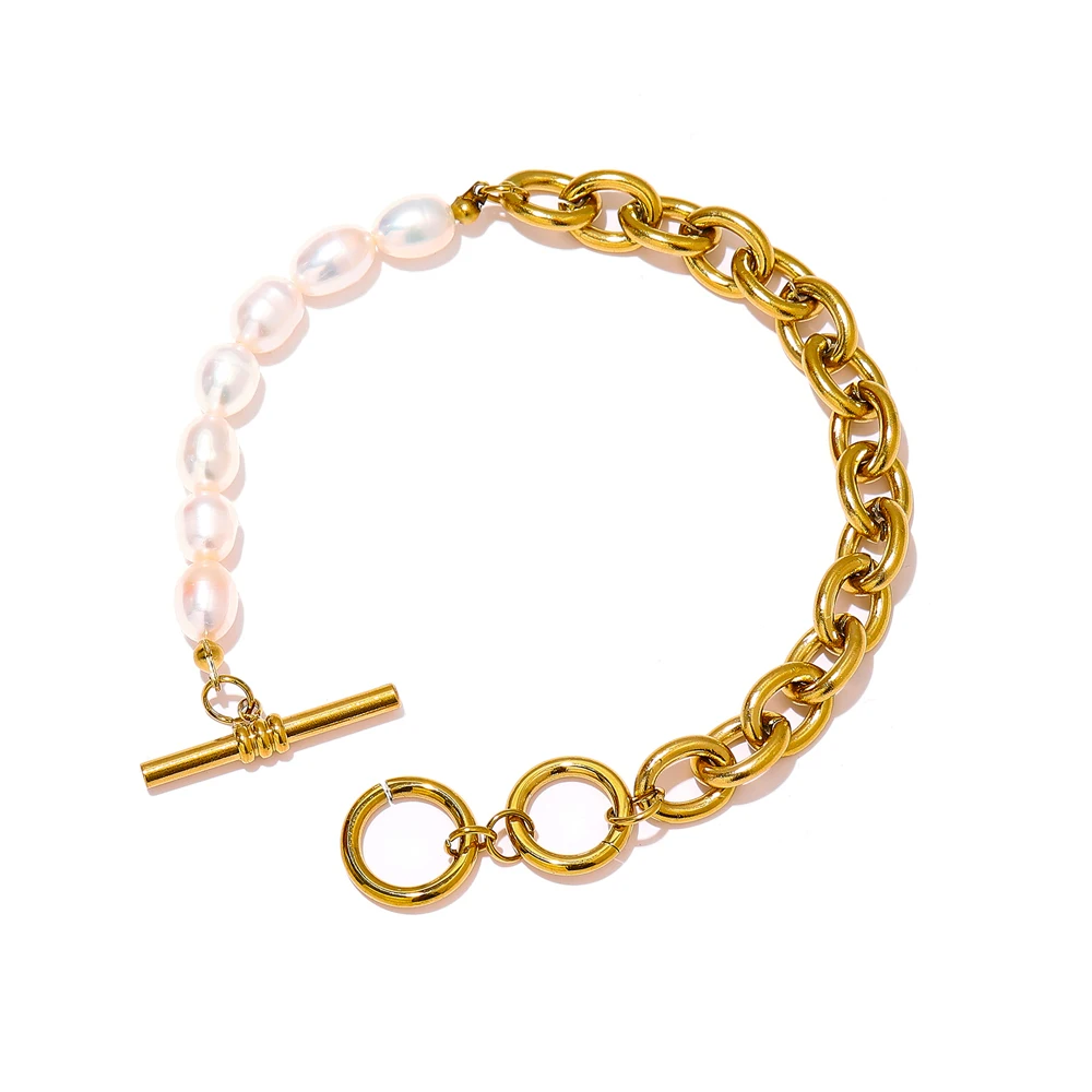 Elegant Natural Pearl Toggle-Clasps Chain Bracelet High Quality Stainless Steel  - £16.52 GBP