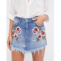 Free People Wild Rose Embroidered Floral Distressed Mini Skirt Denim - £21.49 GBP