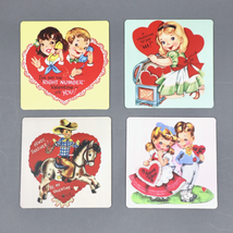 Valentines Day Vintage Style Children 3inx3in Magnet 4pcs Boy Girl Cowboy Hearts - £9.55 GBP