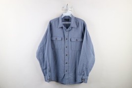 Vintage 90s Lands End Mens Large Faded Herringbone Flannel Button Shirt Blue - £31.22 GBP