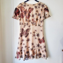 Beige Chiffon Ruffle Mini Dress sz Small S Butterfly Print Short Sleeves - £23.39 GBP
